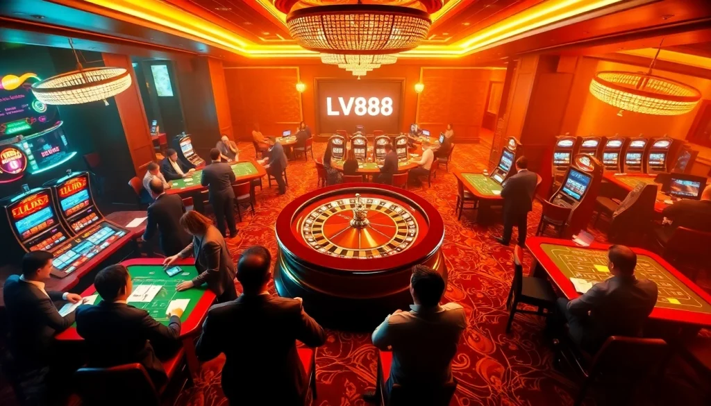Players engaging in thrilling games at LV88 casino, featuring roulette and vibrant slot machines.