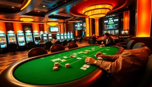 Engaged players at a poker table, experiencing the thrill of gambling at https://789f.town/ with vibrant colors and luxury ambiance.