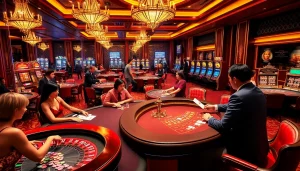 K9K9 casino scene showcasing intense blackjack games and vibrant slot machines for an exciting gambling experience.