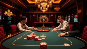 Experience the thrill of gaming at Trang chủ Haywin with vibrant casino action, poker chips, and a roulette wheel.