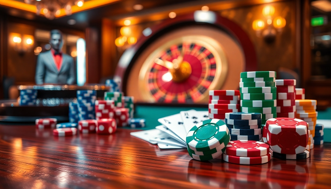 Action-packed casino gaming scene featuring Nhà cái QQ88's vibrant poker table with chips and cards.