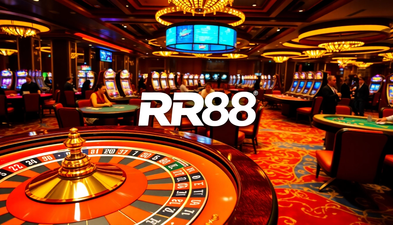 Gambling excitement at RR88 with vibrant tables, glowing slot machines, and engaged players.