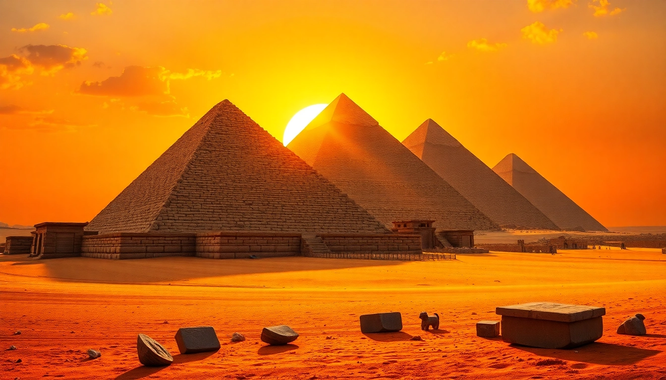 Explore piraminds in a breathtaking sunset view, showcasing their majestic structure and rich textures.