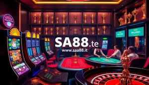 Experience the thrill of winning at https://sa88.it.com/ with vibrant slot machines and a busy poker table.