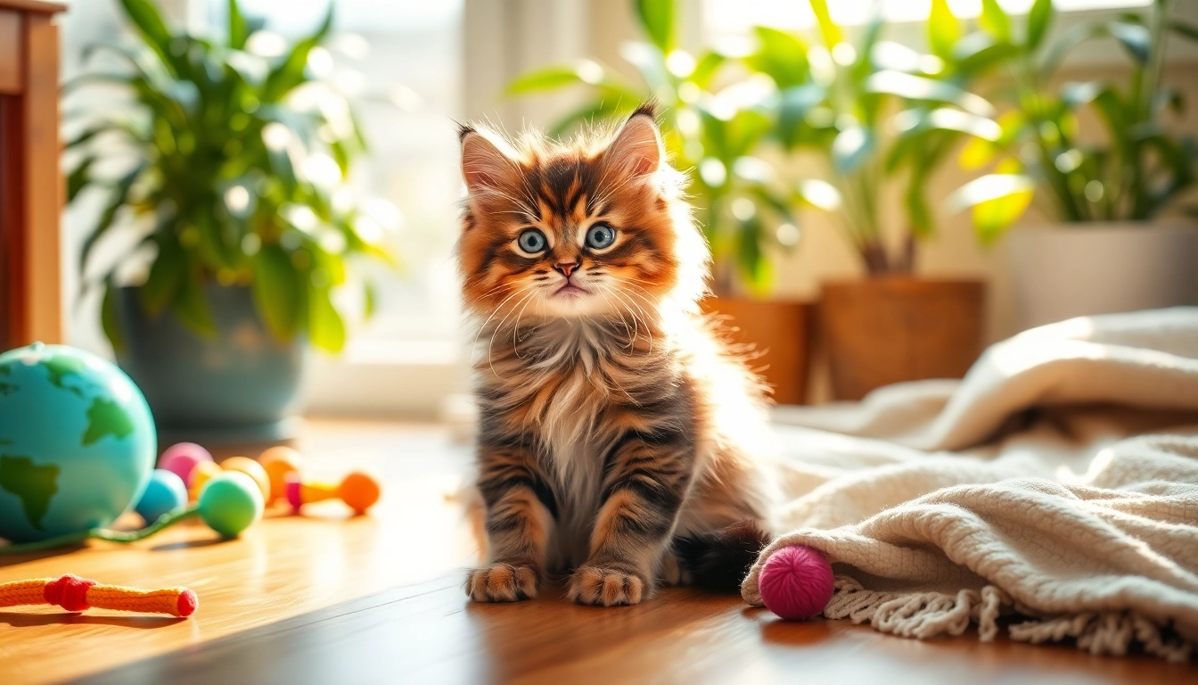 Playful Maine Coon kittens for sale surrounded by toys and warm sunlight.