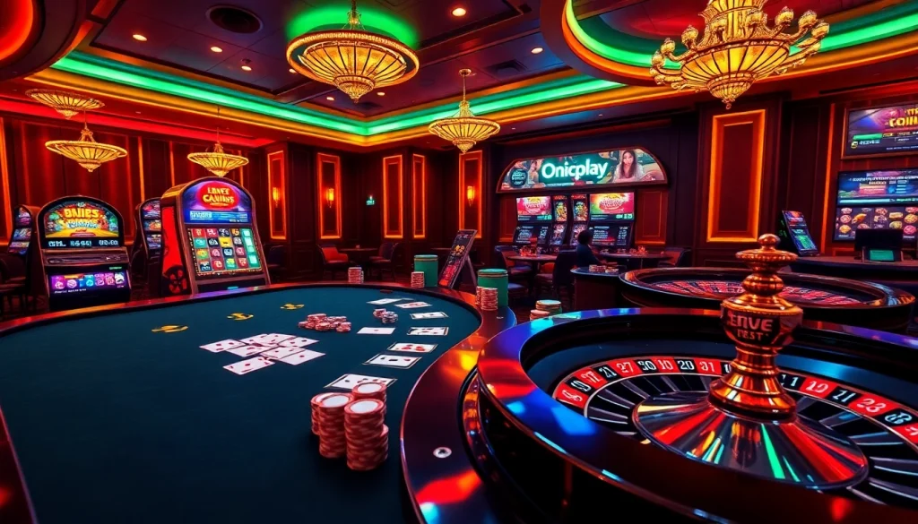 Experience dynamic online gambling with Onicplay's thrilling casino setup featuring poker chips and slot machines.