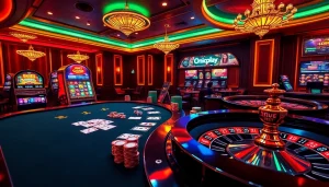 Experience dynamic online gambling with Onicplay's thrilling casino setup featuring poker chips and slot machines.