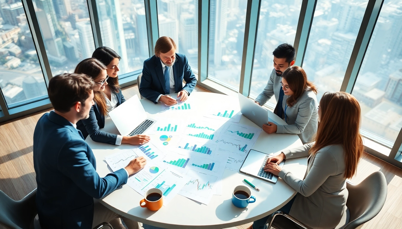 Analyze business growth insights with a team in a modern office setting.