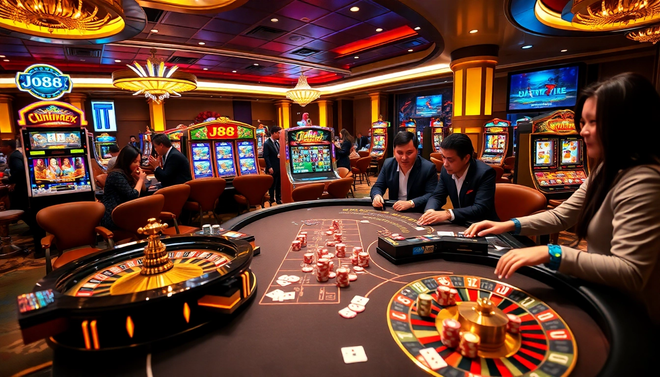 Experience the vibrant thrill of J88 gaming with colorful poker chips and an upscale casino atmosphere.