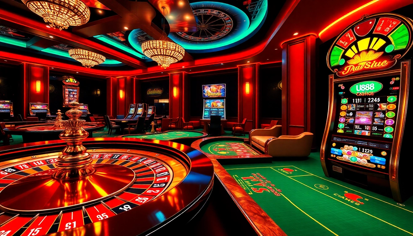 Experience U888's vibrant casino ambiance filled with roulette, poker, and slot excitement.