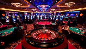 Experience excitement at 79king's luxurious casino tables with vibrant roulette and poker action.