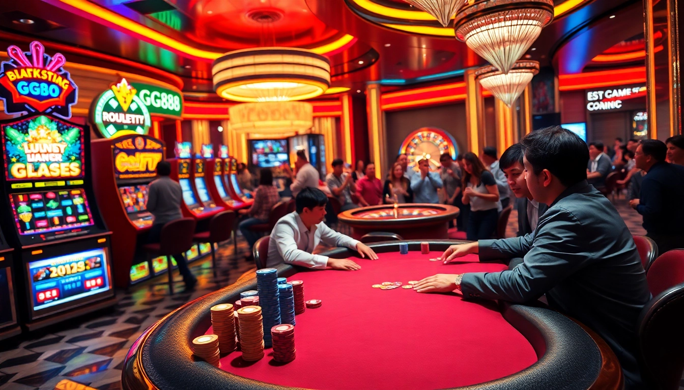 Players strategize for big wins at gg88's poker table in a vibrant casino atmosphere.