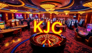 KJC casino scene with vibrant atmosphere featuring poker tables, roulette wheel, and slot machines.