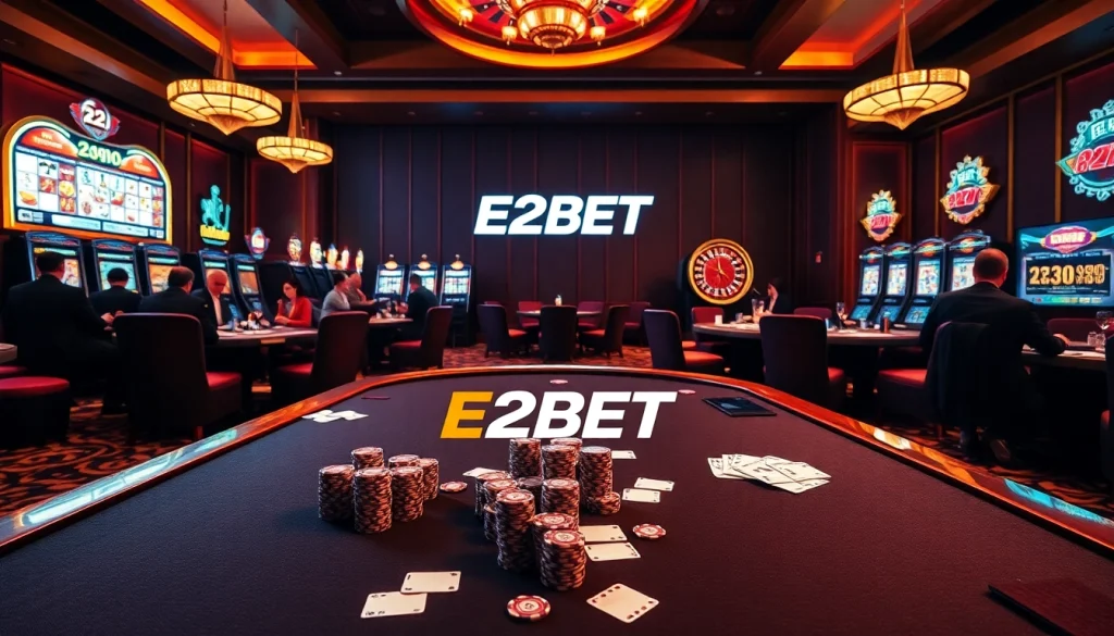 E2BET players engaging in exciting table games in a luxurious casino atmosphere.