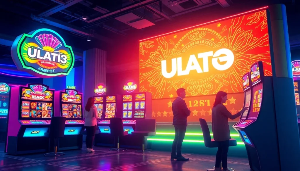 Experience the excitement of ULAT123 with engaging online gambling visuals showcasing vibrant slot machines.