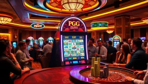 Gambling at a thrilling PG SLOT machine in a luxury casino, players engaged in excitement.