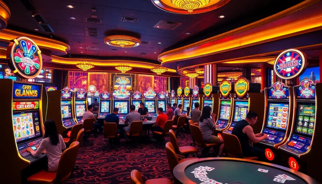 Para pemain yang terlibat menikmati mesin slot situs dengan warna-warni yang hidup dan suasana yang mendebarkan.