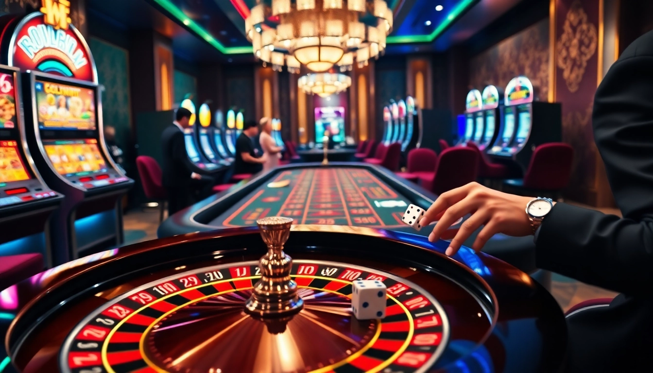 Engaging scene at casinos en ligne featuring players at a roulette table and vibrant slot machines.