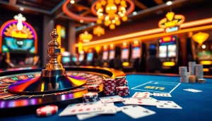 Experience thrilling online gambling at Luckywin with vibrant casino visuals featuring slots and poker chips.