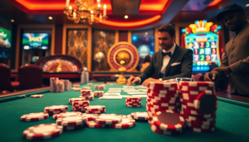 Engaging gamblers at a stylish table, showcasing https://ok88.tech/ in a vibrant casino atmosphere.