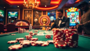 Engaging gamblers at a stylish table, showcasing https://ok88.tech/ in a vibrant casino atmosphere.
