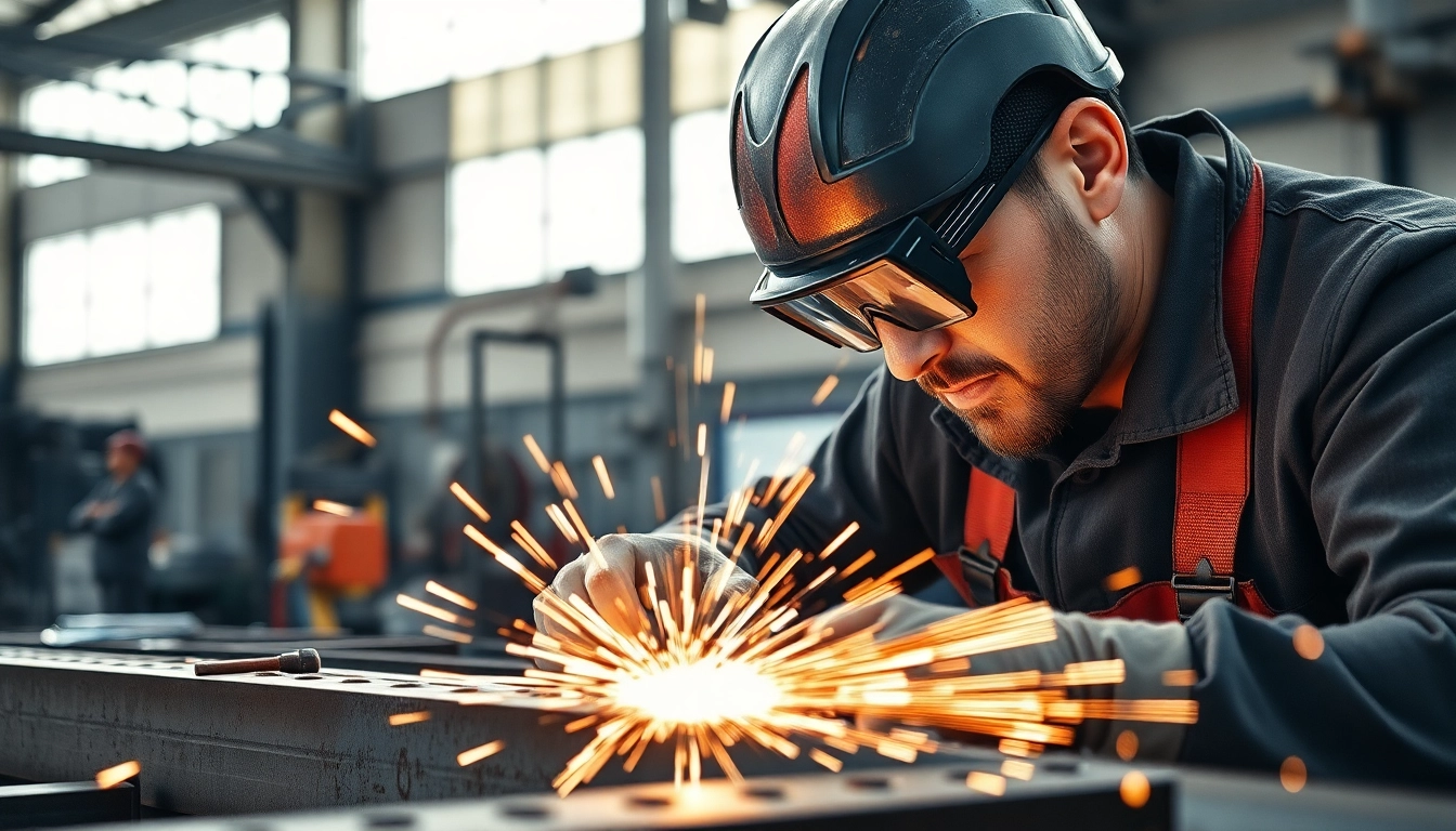 Welding in action depicting structural steel welding with sparks flying and a focused welder.