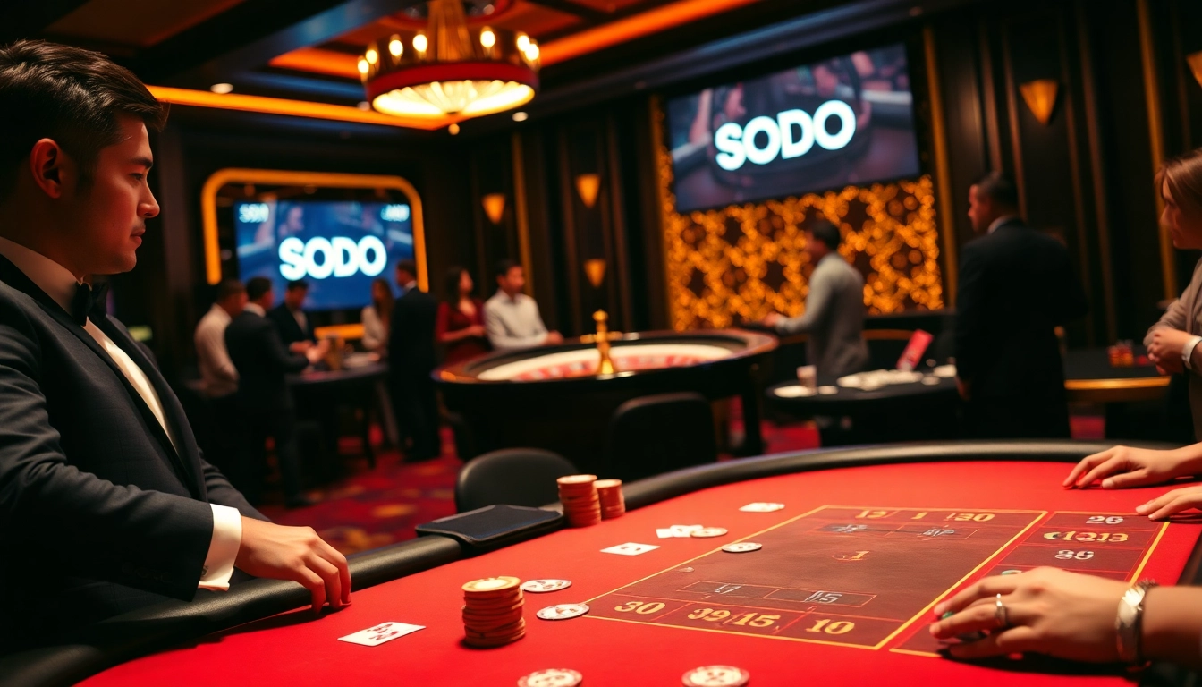Engaging casino scene with SODO branding, featuring a poker table and players placing bets.