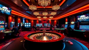 SODO66 vibrant casino scene with roulette, poker chips, and excited players.