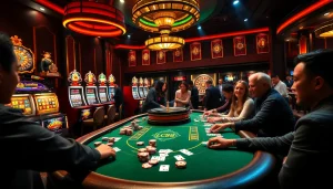 High-stakes players enjoying an LC88 poker table experience in a vibrant casino setting.