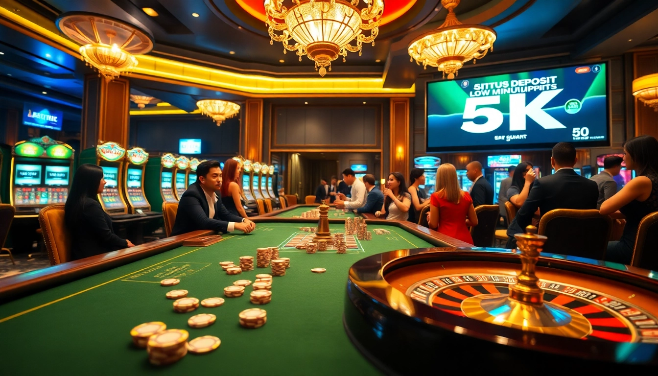 Situs deposit 5k ditampilkan dalam adegan kasino yang hidup dengan dealer profesional, chip poker, dan kegembiraan permainan.