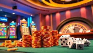 Naga169 slot showcases an exciting scene with vibrant slot machines and elegant poker chips at a modern casino table.