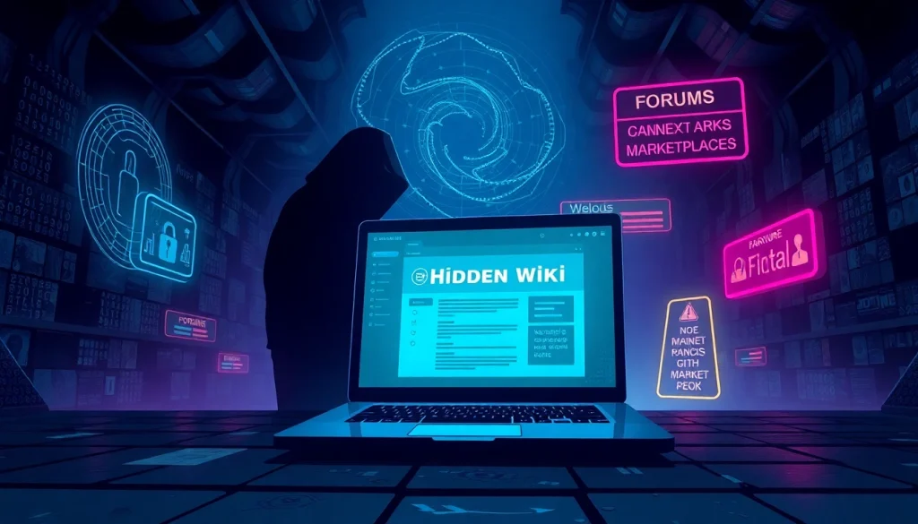 Exploring the Hidden Wiki on the dark web in 2025, showcasing digital intrigue and anonymity.