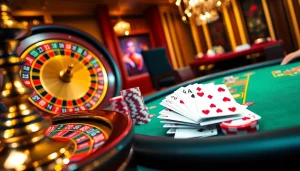 High-stakes poker game at SHBET, featuring vibrant roulette wheel, cards, and chips.