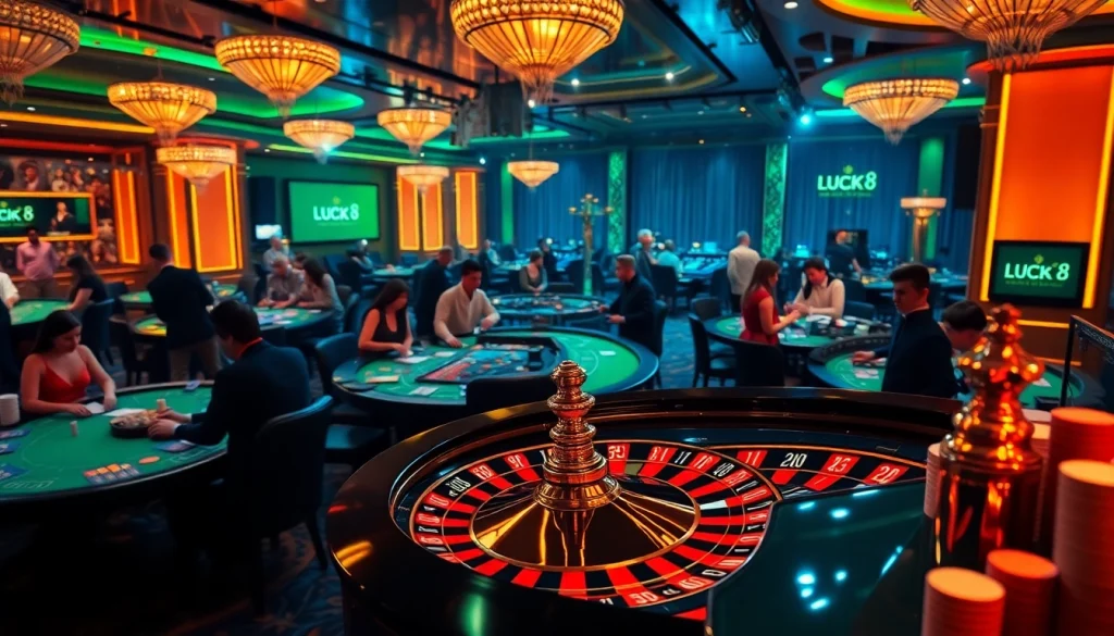 Cảnh chơi casino đầy hấp dẫn với các yếu tố LUCK8, thể hiện roulette, chip poker và người chơi đang tham gia.
