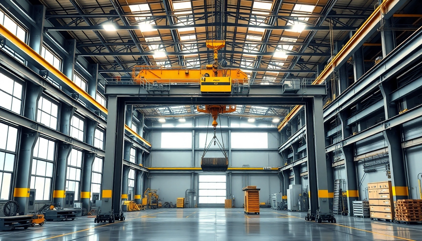 Bridge crane lifting heavy loads in a spacious industrial setting.
