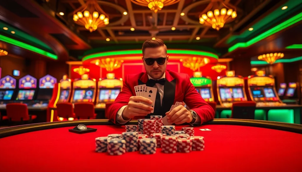 Exciting casino atmosphere with s88 chips and cards at a luxurious poker table.