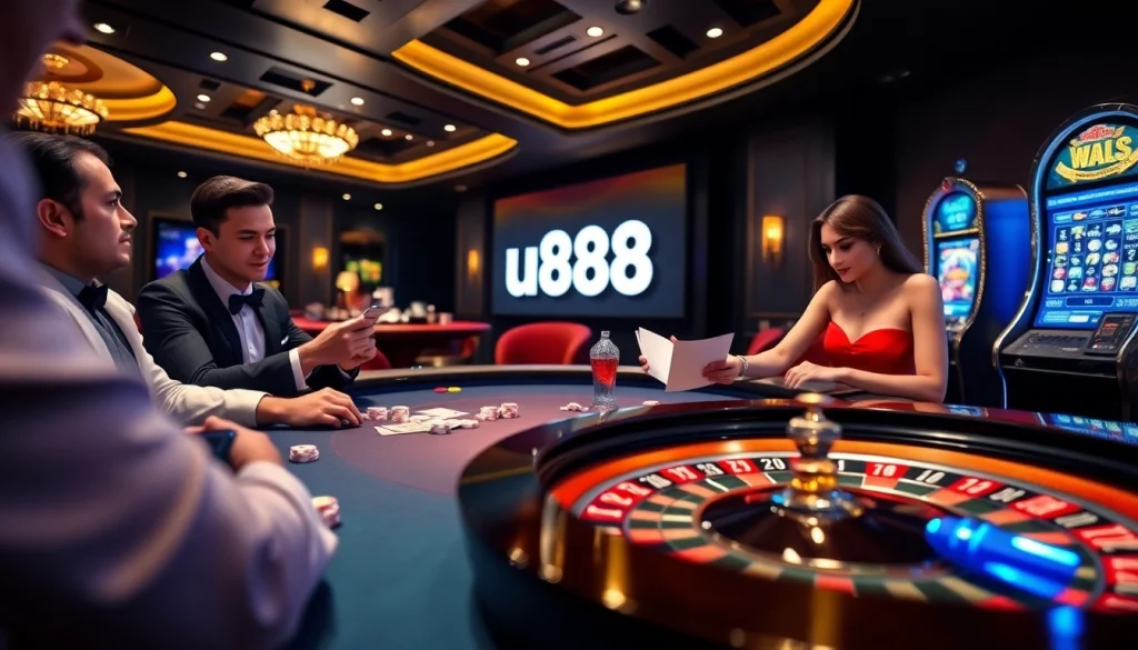 Experience the excitement of u888 online gaming with vibrant casino visuals featuring roulette and slots.