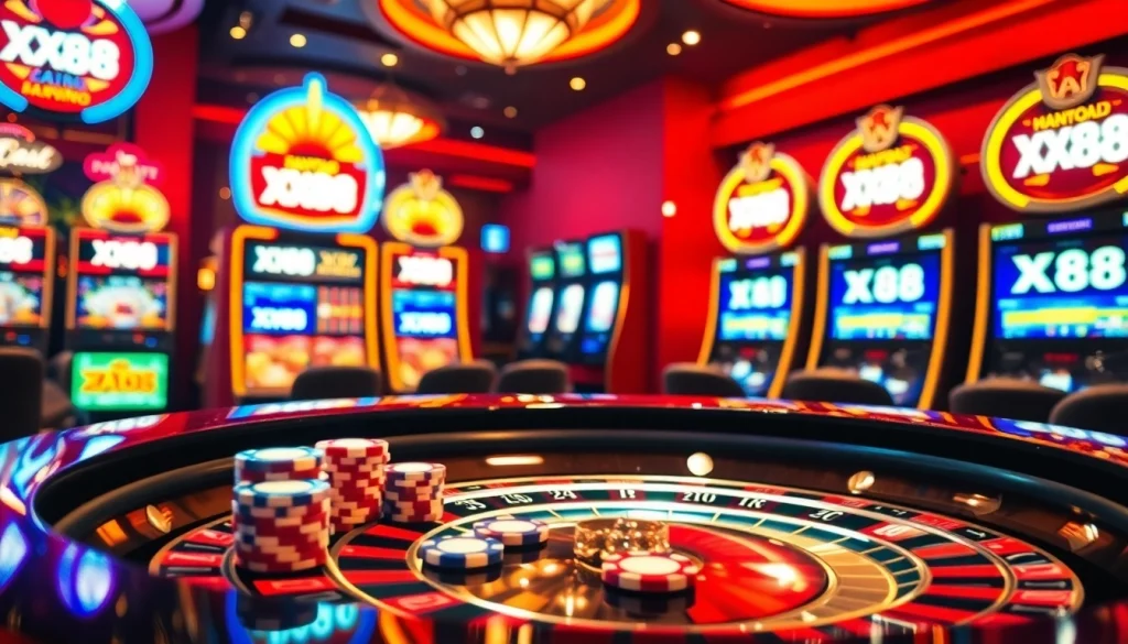 Experience the thrill of XX88 at a luxurious casino with vibrant slot machines and high-stakes poker.