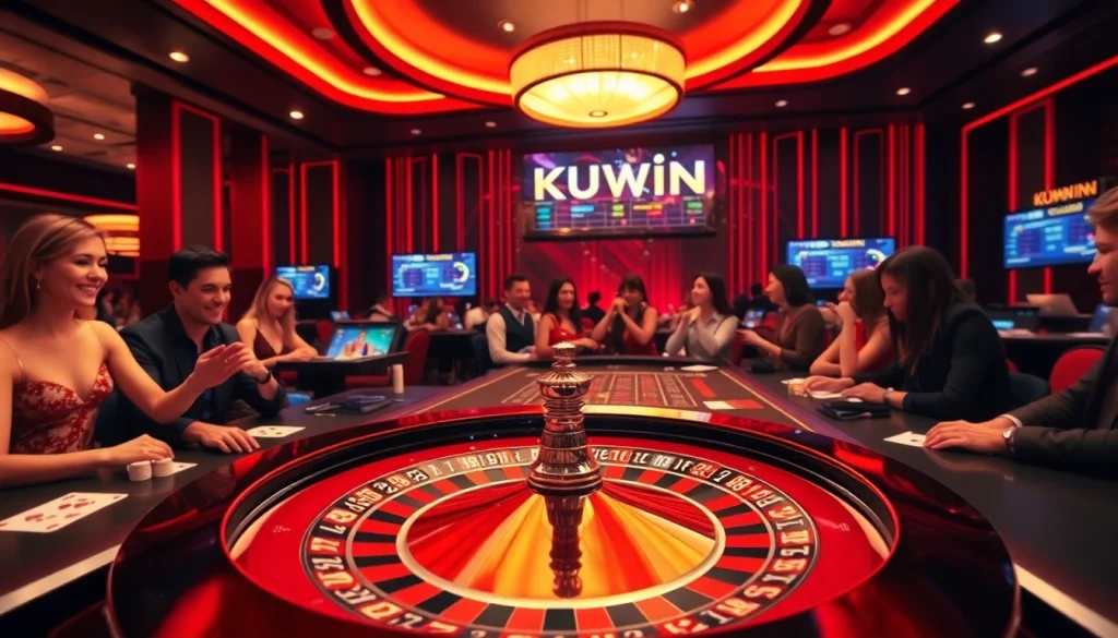 KUWIN players engaging in a thrilling game at a luxurious casino table with festive poker chips and cards.