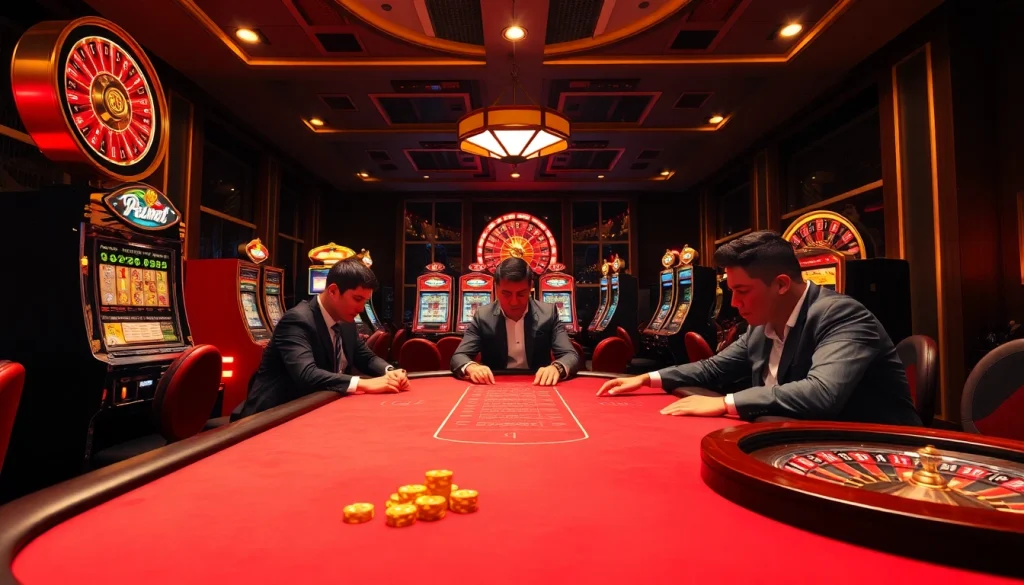 Experience thrilling gambling at KP88 with luxurious casino visuals showcasing poker and slot machines.