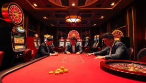 Experience thrilling gambling at KP88 with luxurious casino visuals showcasing poker and slot machines.