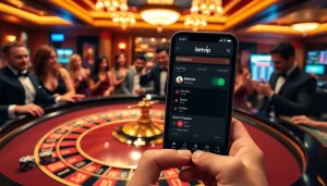 Người chơi tương tác với ứng dụng betvip trong khi thưởng thức các trò chơi bàn cổ điển tại một casino sang trọng.