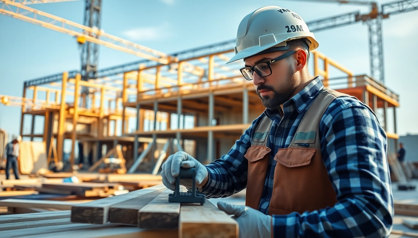 Skilled worker advancing in a construction career while measuring materials at a busy job site.