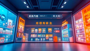 活気あふれるデジタル市場がオンラインオリパのトレーディングカードを展示し、魅力的な雰囲気を醸し出しています。