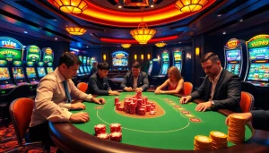 FLY88 players enjoying an exciting poker game with vibrant chips and luxury casino ambiance.