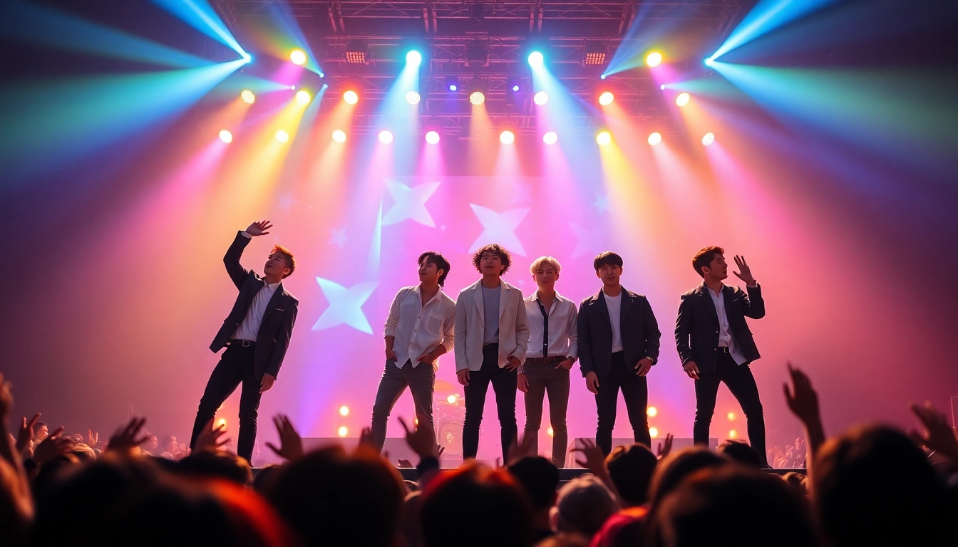 BTS news showcasing the band performing energetically on stage during a concert.
