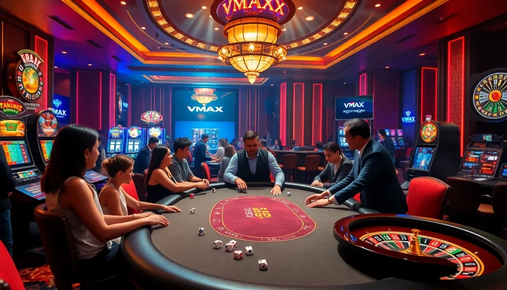 Play poker at VMAX's vibrant casino, featuring colorful slot machines and exciting games.