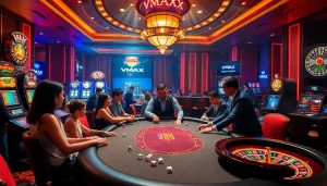 Play poker at VMAX's vibrant casino, featuring colorful slot machines and exciting games.