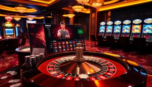 Experience the excitement of sbobet online gambling with a vibrant casino layout showcasing betting interfaces and roulette.