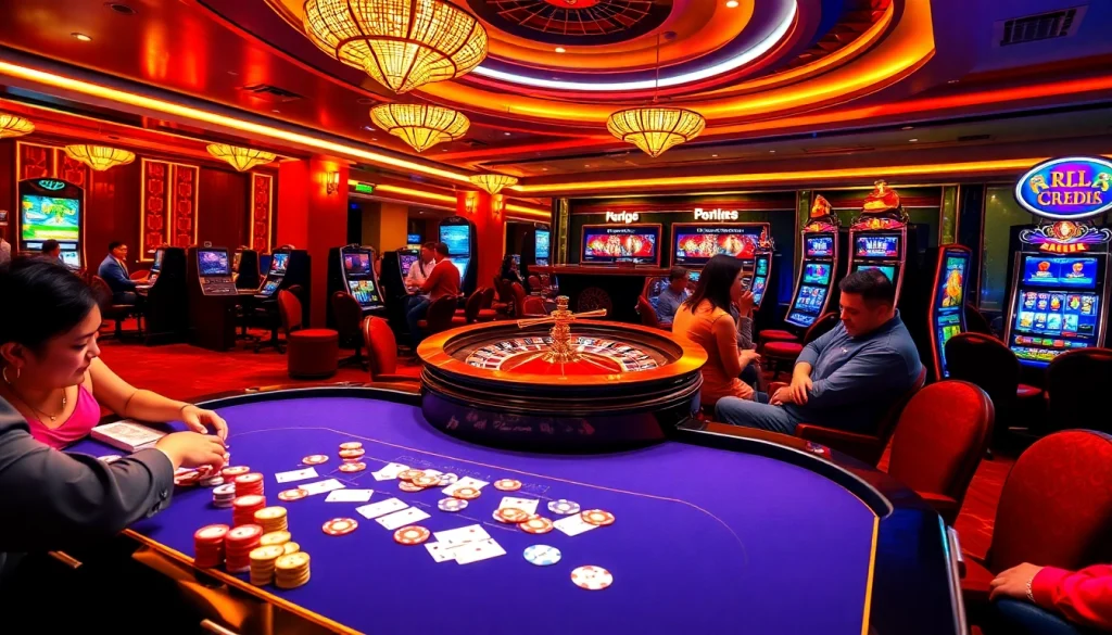 RR88 casino scene featuring thrilling gameplay with poker chips, cards, and a roulette wheel.